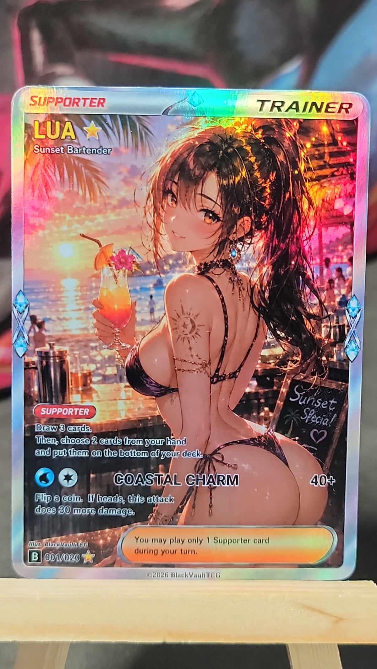 Lua Sunset Bartender original-character holo fan-art collectible card front