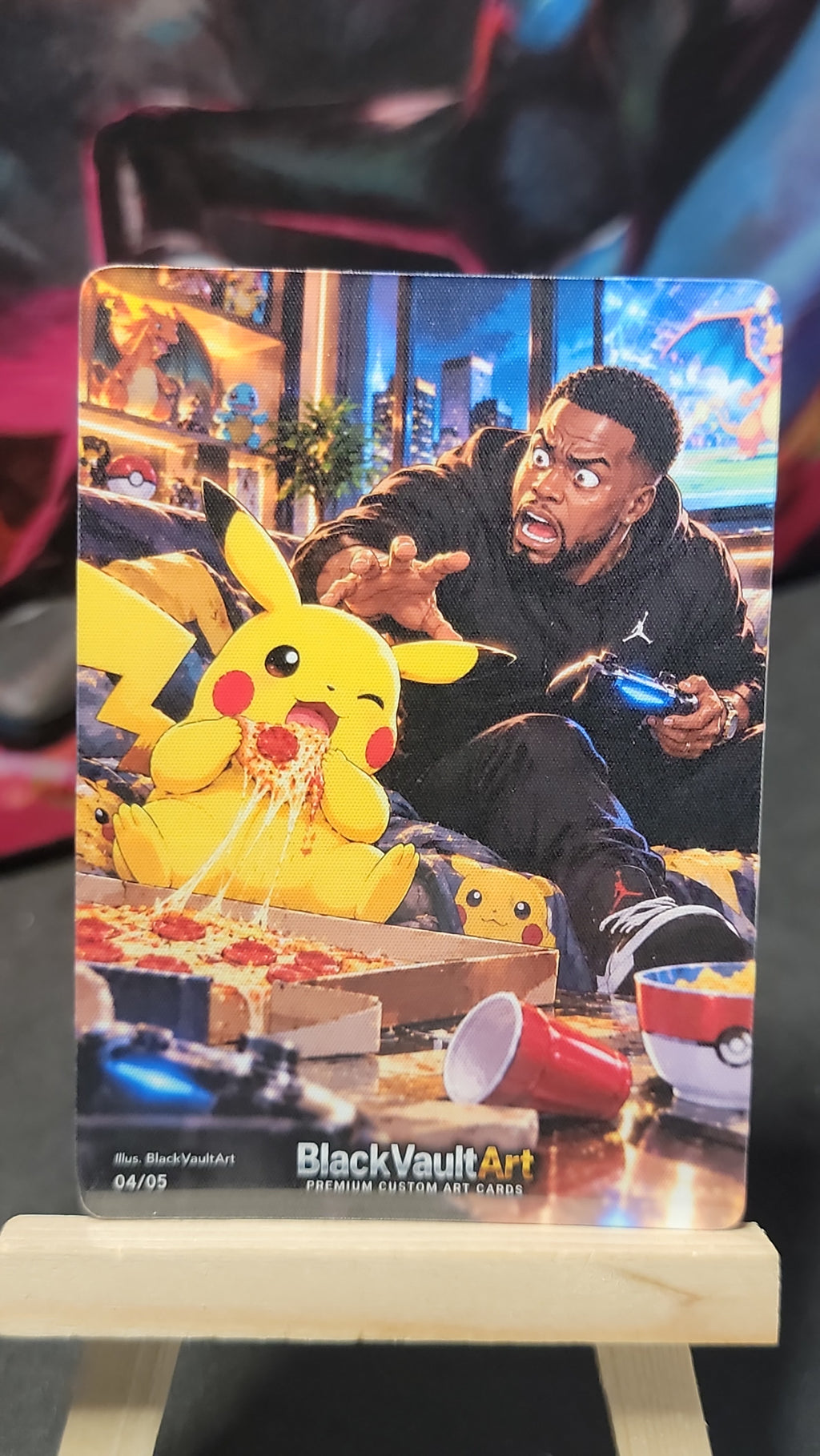 Pikachu Squirtle Charizard Pokémon gaming and pizza parody fan art card front